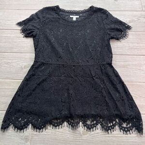 Isaac Mizrahi Womens Black Floral Lace Peplum‎ Short Sleeve Blouse Small